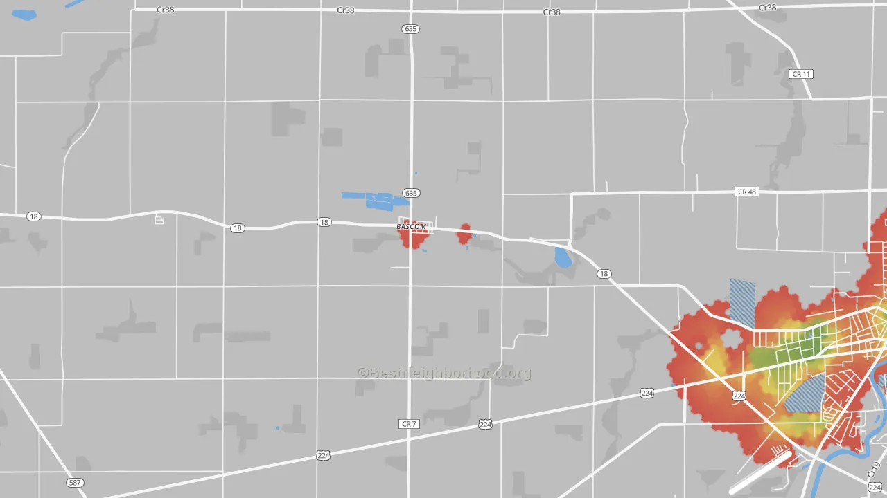 Walk Grade map of Bascom, OH, walkable areas in green and car-dependent areas in red