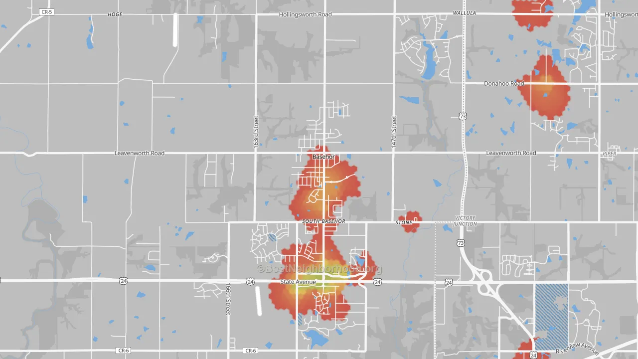 Walk Grade map of Basehor, KS, walkable areas in green and car-dependent areas in red