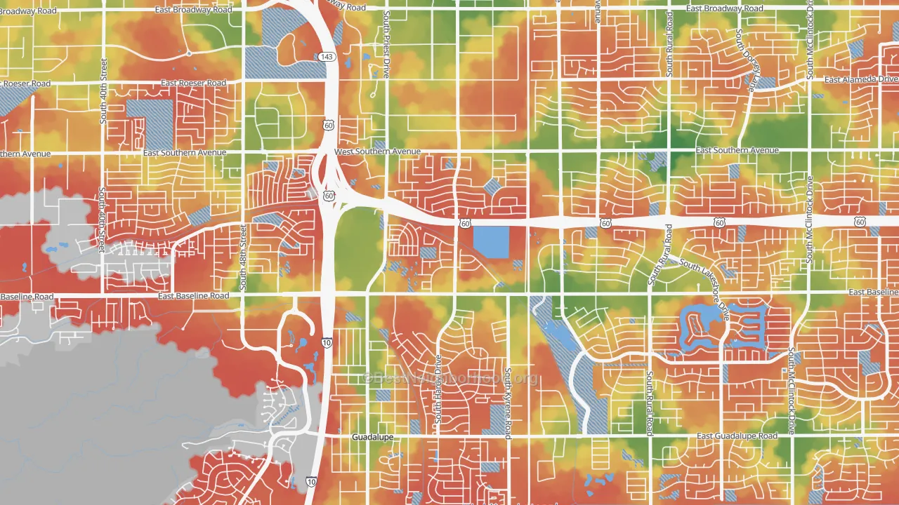 Walk Grade map of Baseline-Hardy, Tempe, AZ, walkable areas in green and car-dependent areas in red