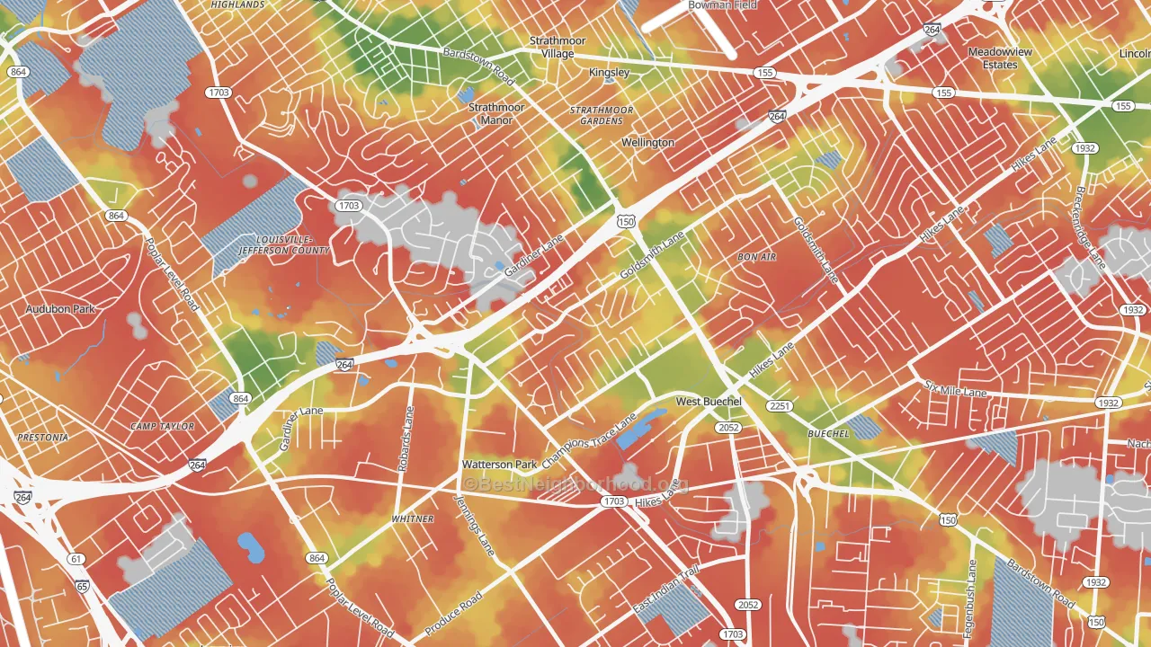 Walk Grade map of Bashford Manor, Louisville, KY, walkable areas in green and car-dependent areas in red