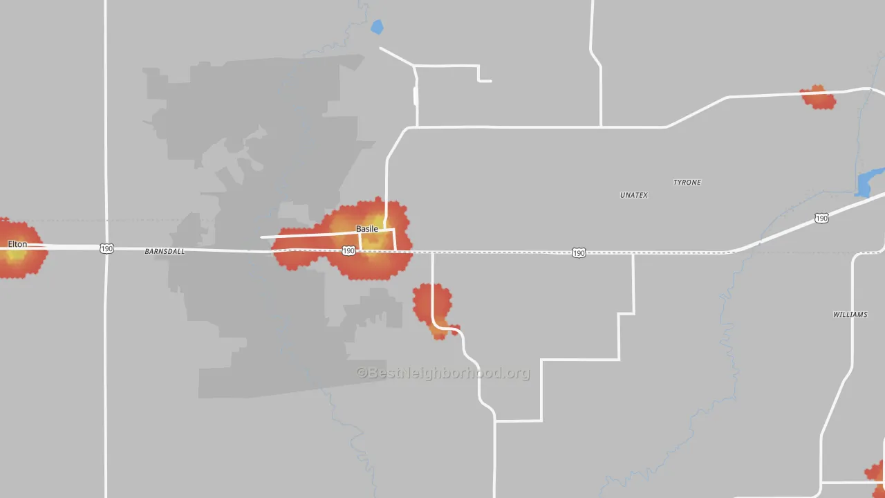 Walk Grade map of Basile, LA, walkable areas in green and car-dependent areas in red