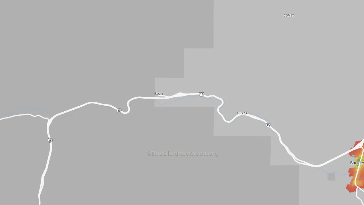 Walk Grade map of Basin, MT, walkable areas in green and car-dependent areas in red