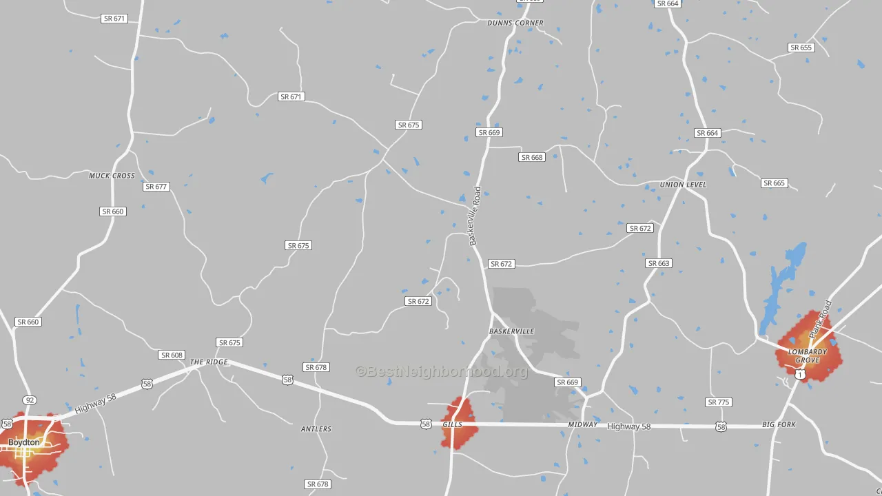 Walk Grade map of Baskerville, VA, walkable areas in green and car-dependent areas in red