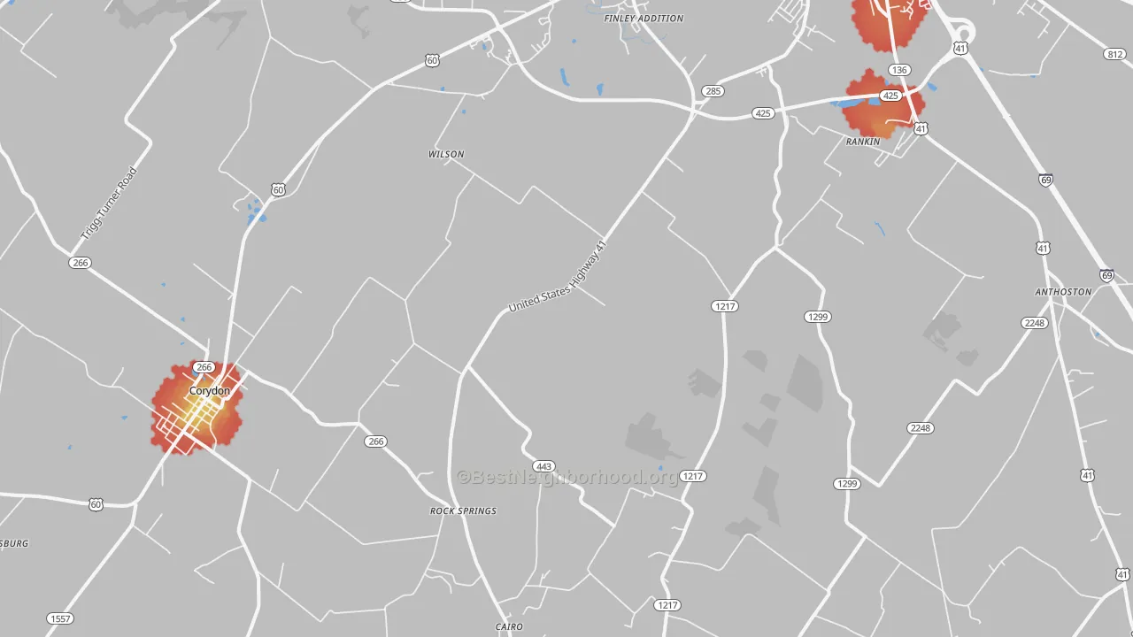 Walk Grade map of Baskett, KY, walkable areas in green and car-dependent areas in red