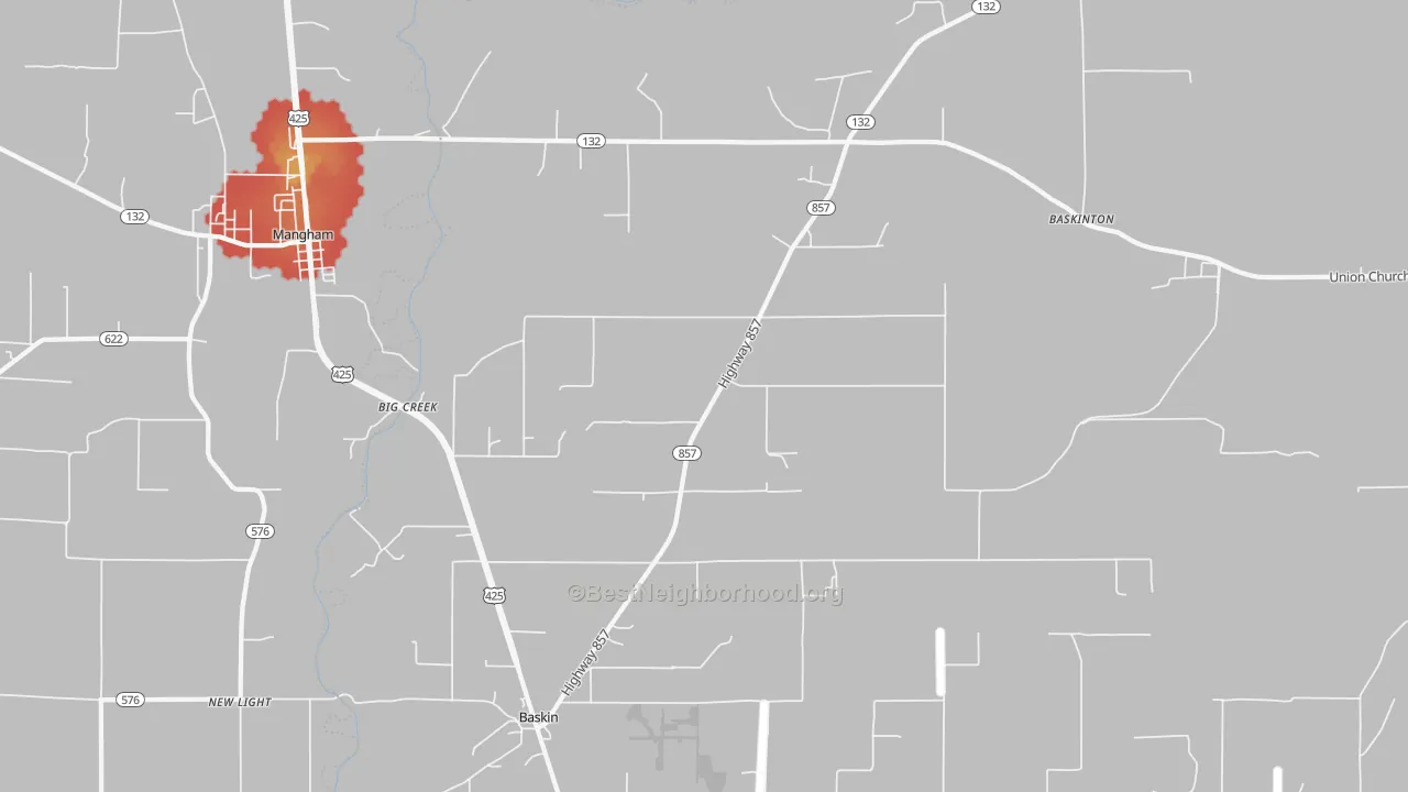 Walk Grade map of Baskin, LA, walkable areas in green and car-dependent areas in red