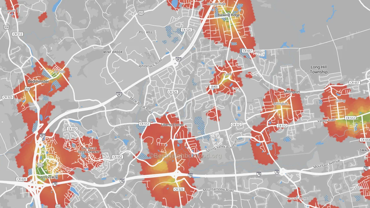 Walk Grade map of Basking Ridge, NJ, walkable areas in green and car-dependent areas in red