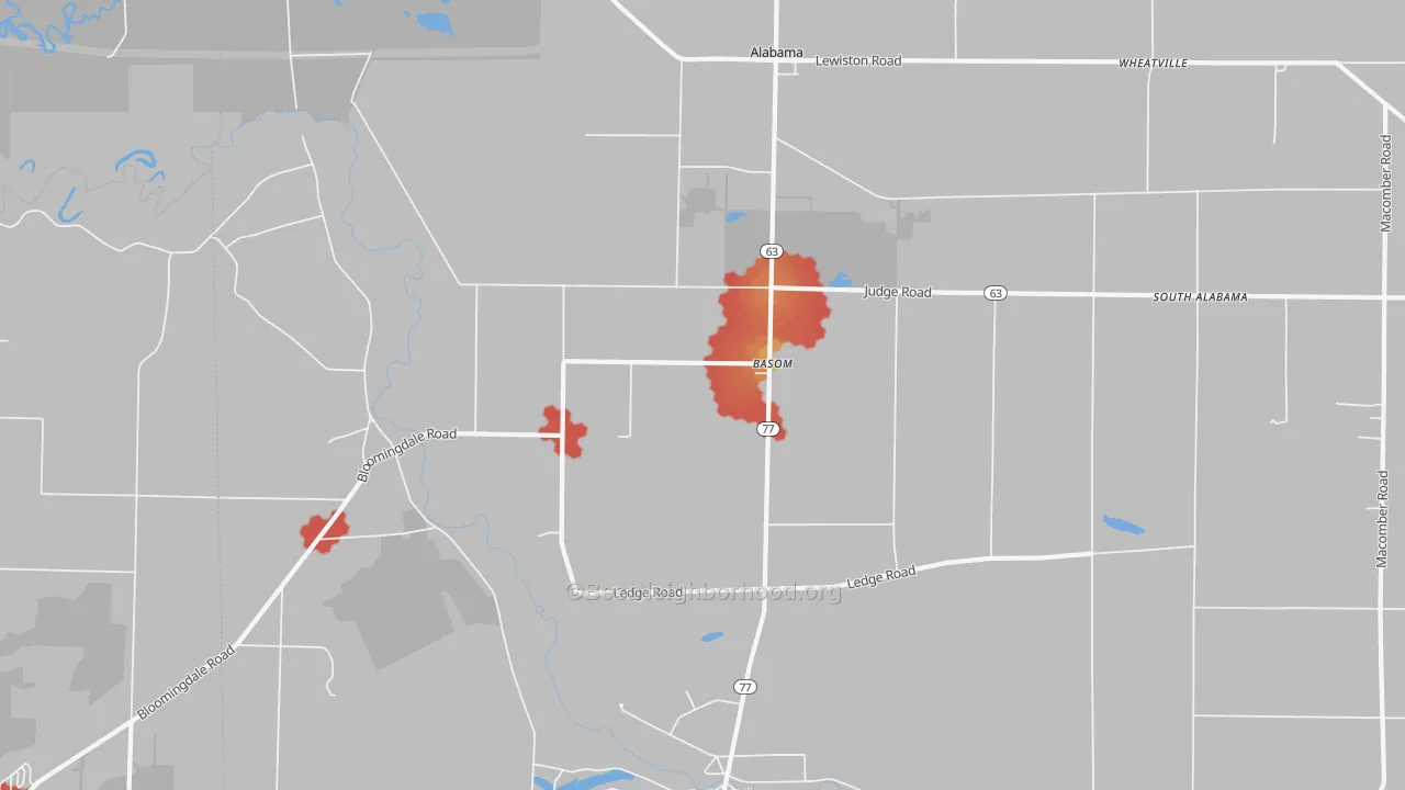Walk Grade map of Basom, NY, walkable areas in green and car-dependent areas in red