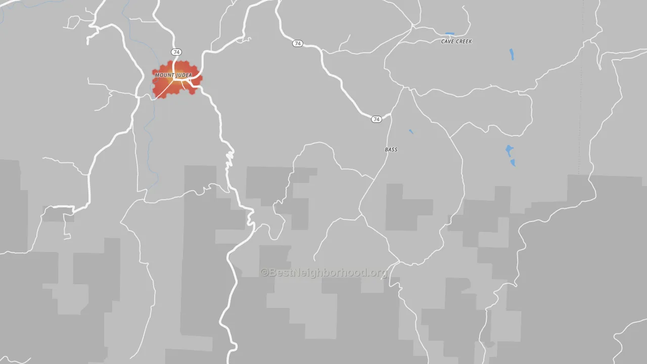 Walk Grade map of Bass, AR, walkable areas in green and car-dependent areas in red