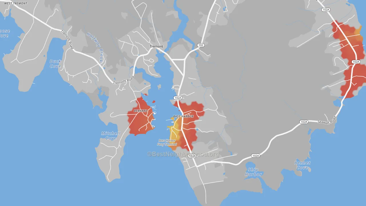 Walk Grade map of Bass Harbor, ME, walkable areas in green and car-dependent areas in red