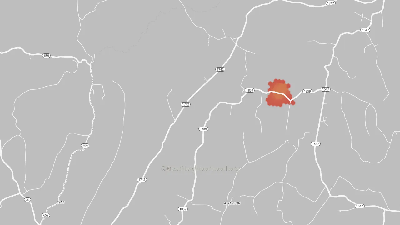 Walk Grade map of Bass, KY, walkable areas in green and car-dependent areas in red