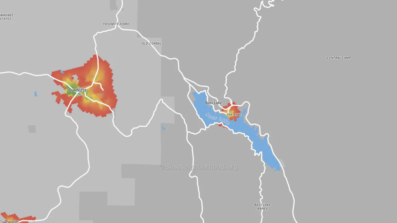 Walk Grade map of Bass Lake, CA, walkable areas in green and car-dependent areas in red