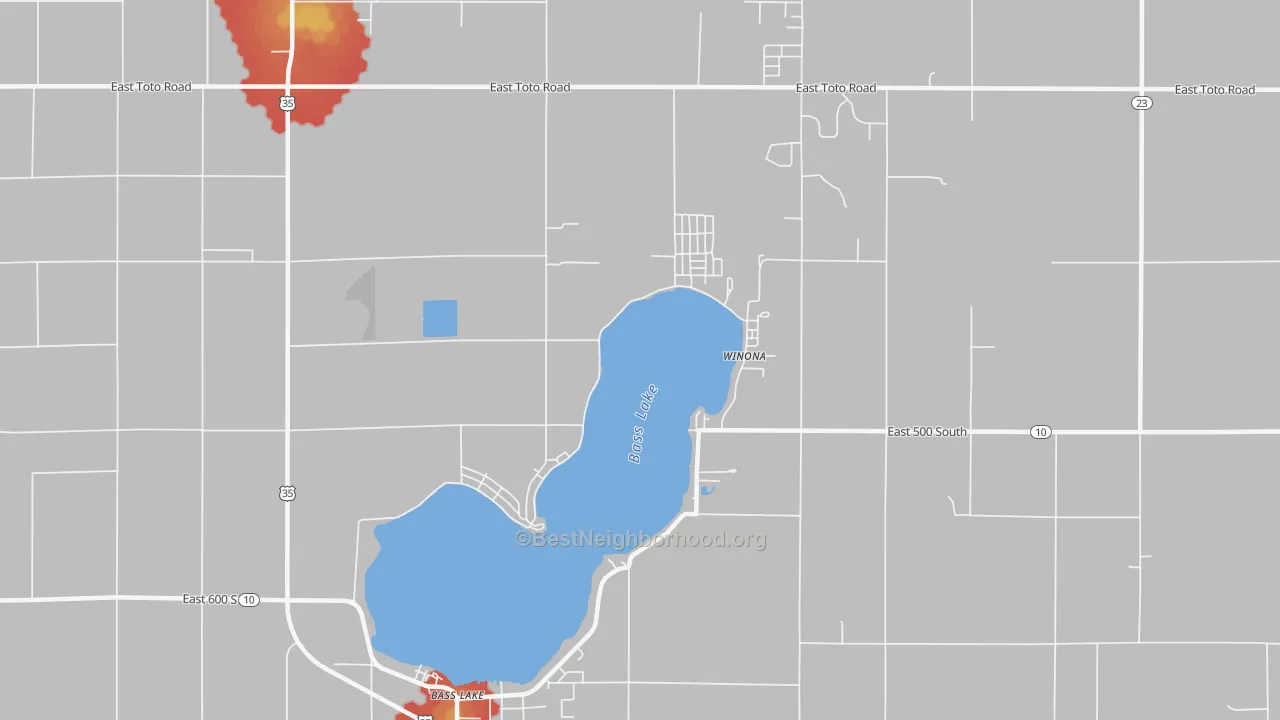 Walk Grade map of Bass Lake, IN, walkable areas in green and car-dependent areas in red