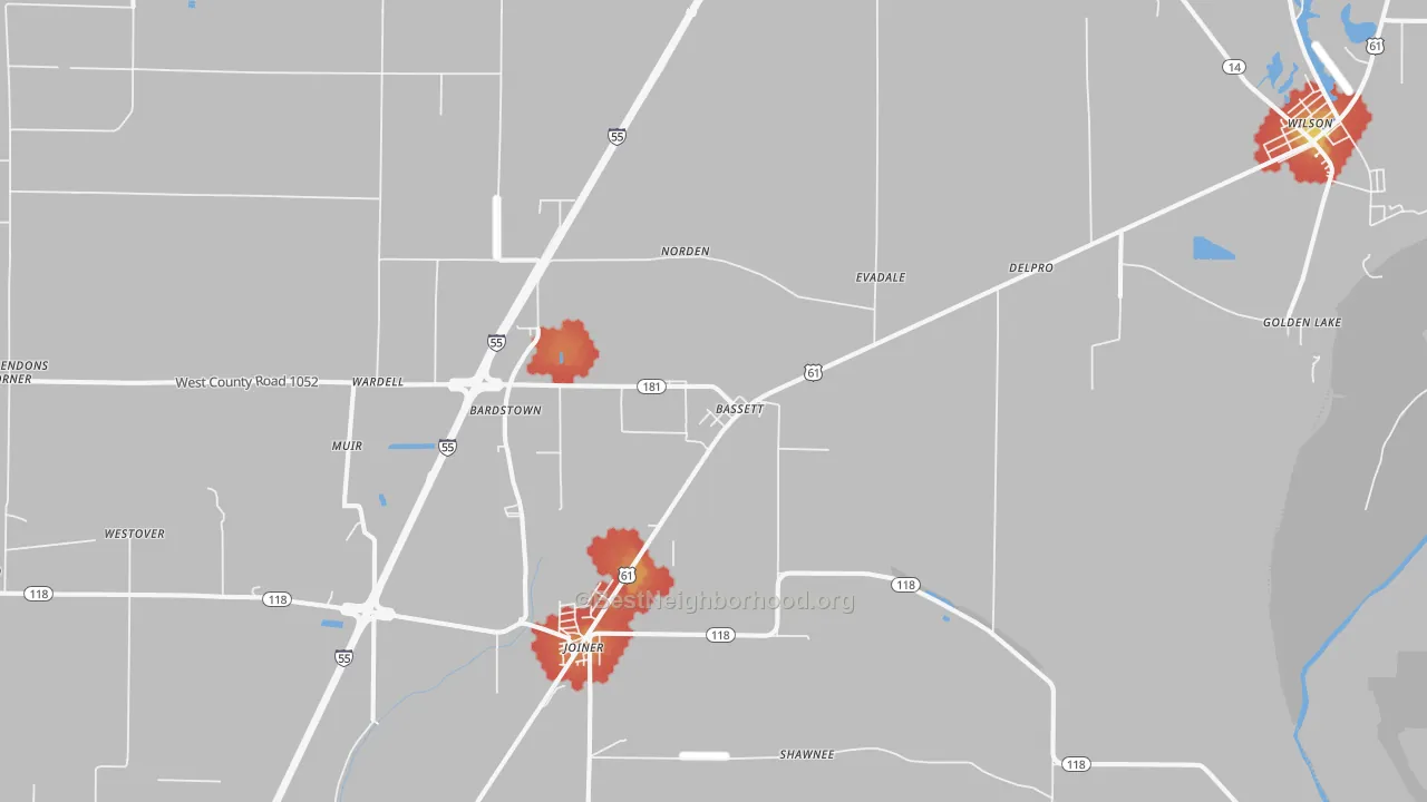 Walk Grade map of Bassett, AR, walkable areas in green and car-dependent areas in red