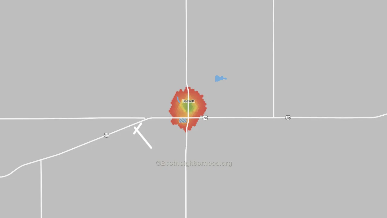 Walk Grade map of Bassett, NE, walkable areas in green and car-dependent areas in red