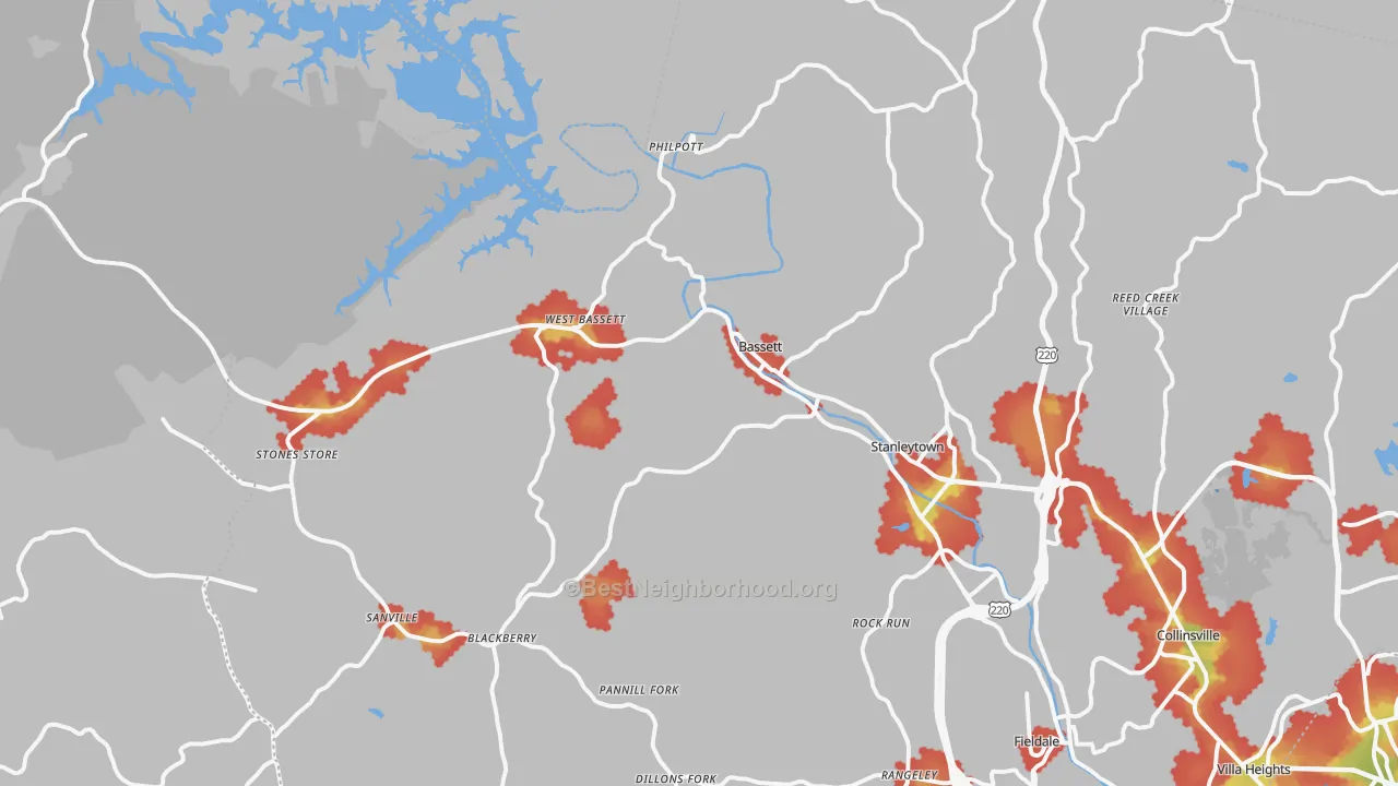 Walk Grade map of Bassett, VA, walkable areas in green and car-dependent areas in red
