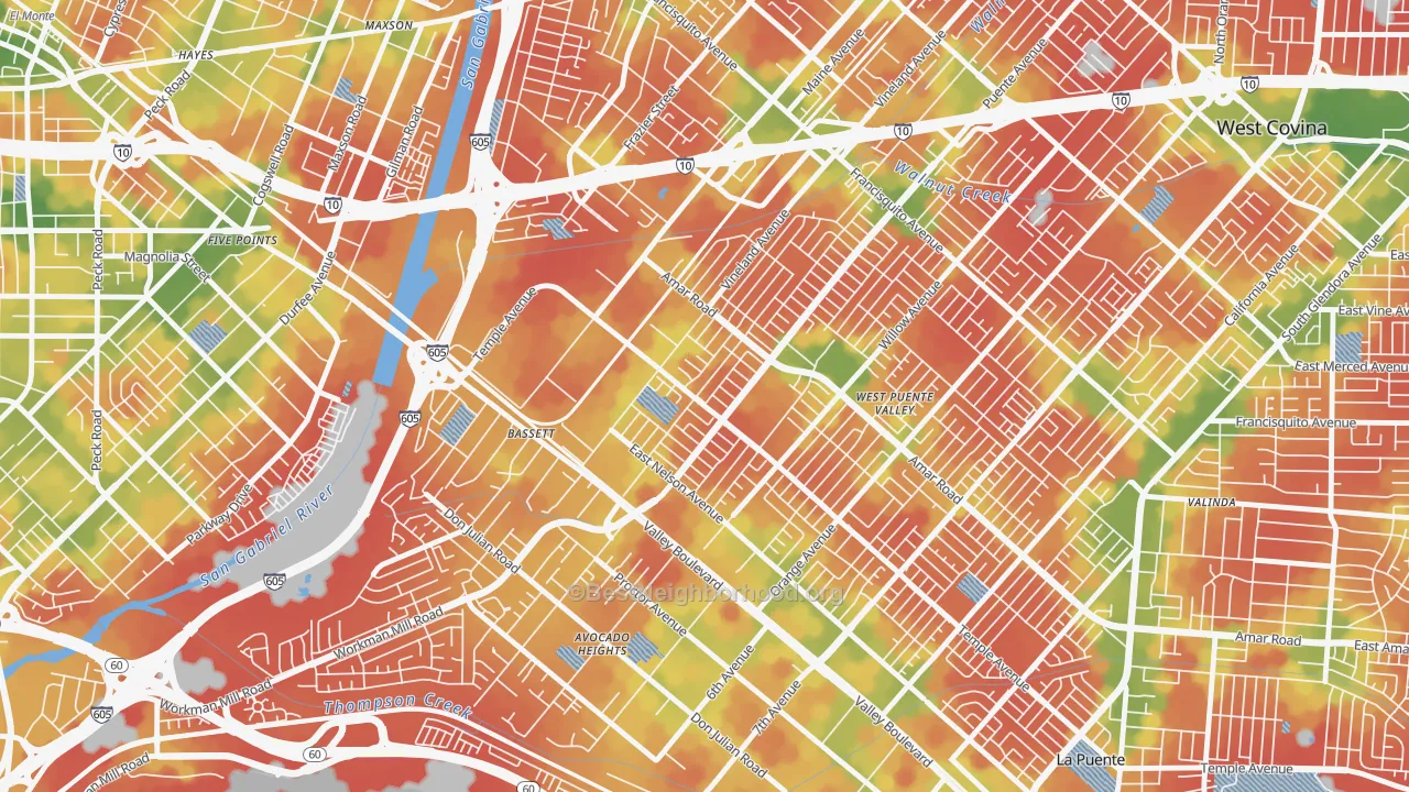Walk Grade map of Bassett, West Puente Valley, CA, walkable areas in green and car-dependent areas in red