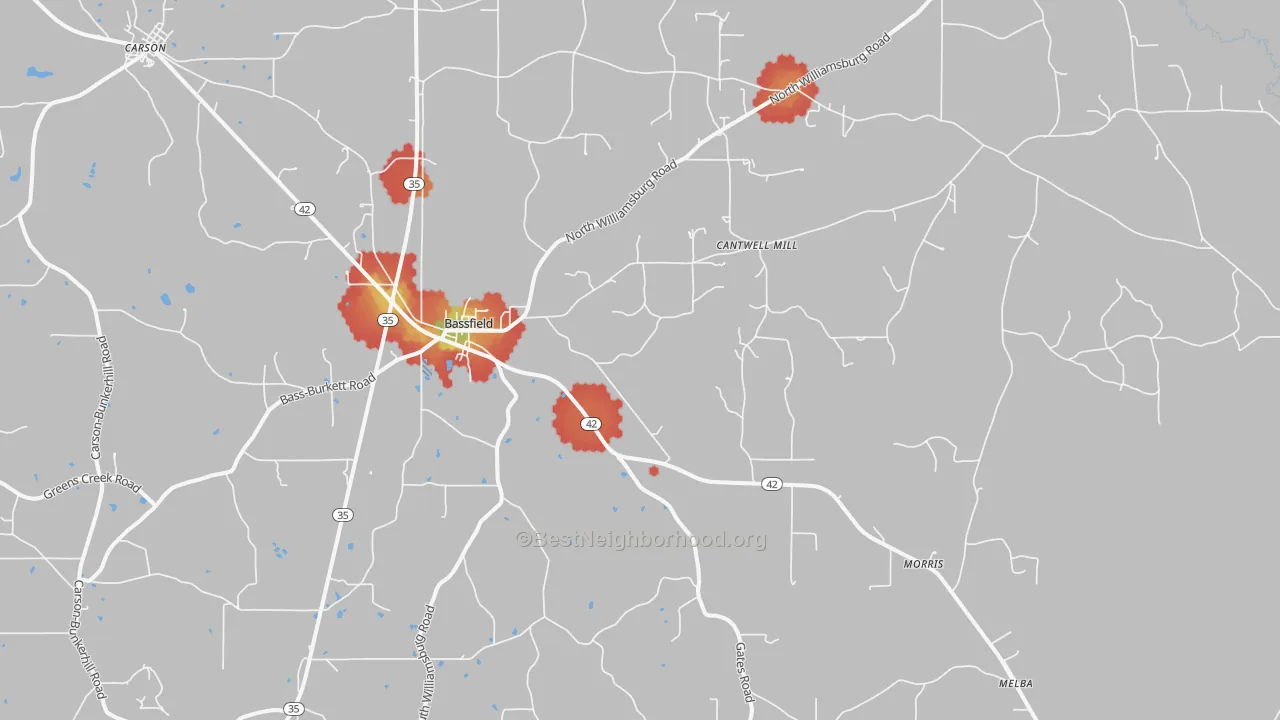 Walk Grade map of Bassfield, MS, walkable areas in green and car-dependent areas in red