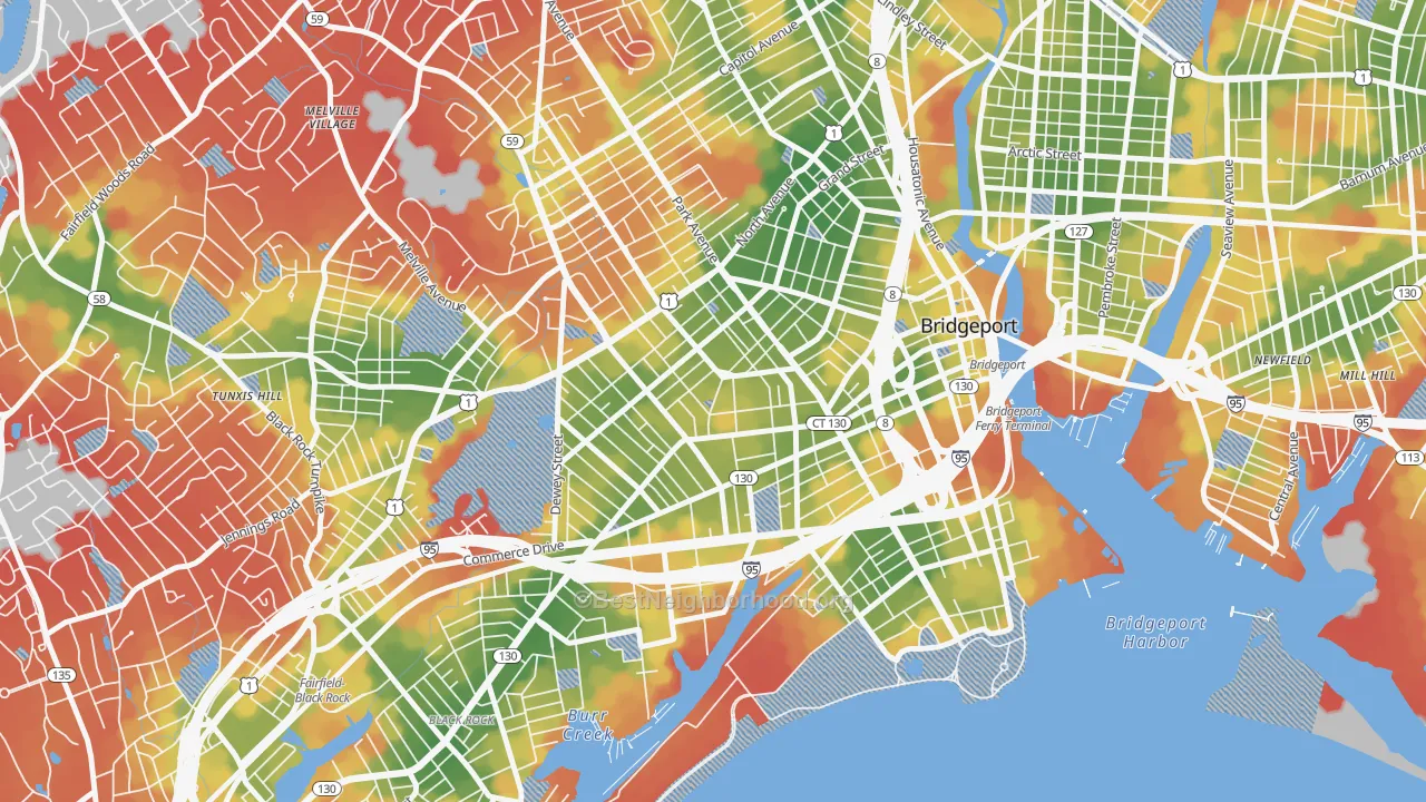 Walk Grade map of Bassickville Historic District, Bridgeport, CT, walkable areas in green and car-dependent areas in red