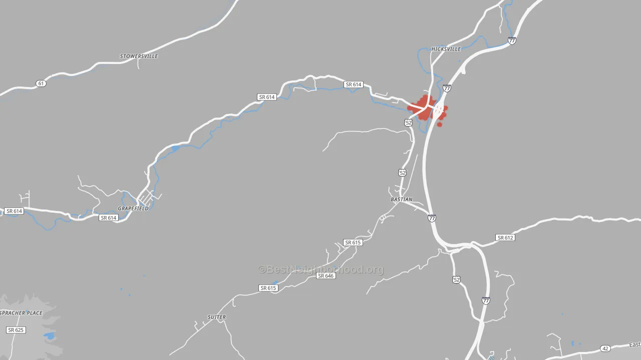 Walk Grade map of Bastian, VA, walkable areas in green and car-dependent areas in red