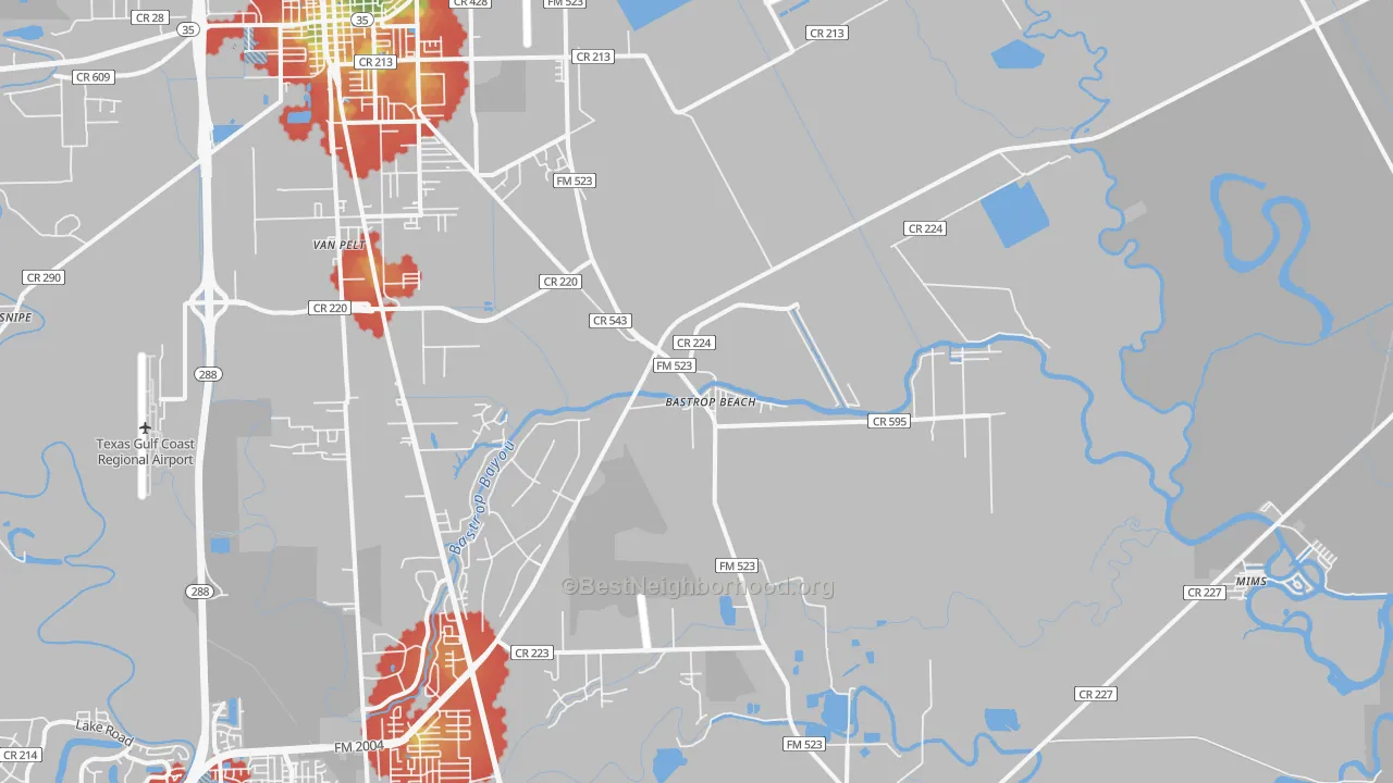Walk Grade map of Bastrop Beach, TX, walkable areas in green and car-dependent areas in red