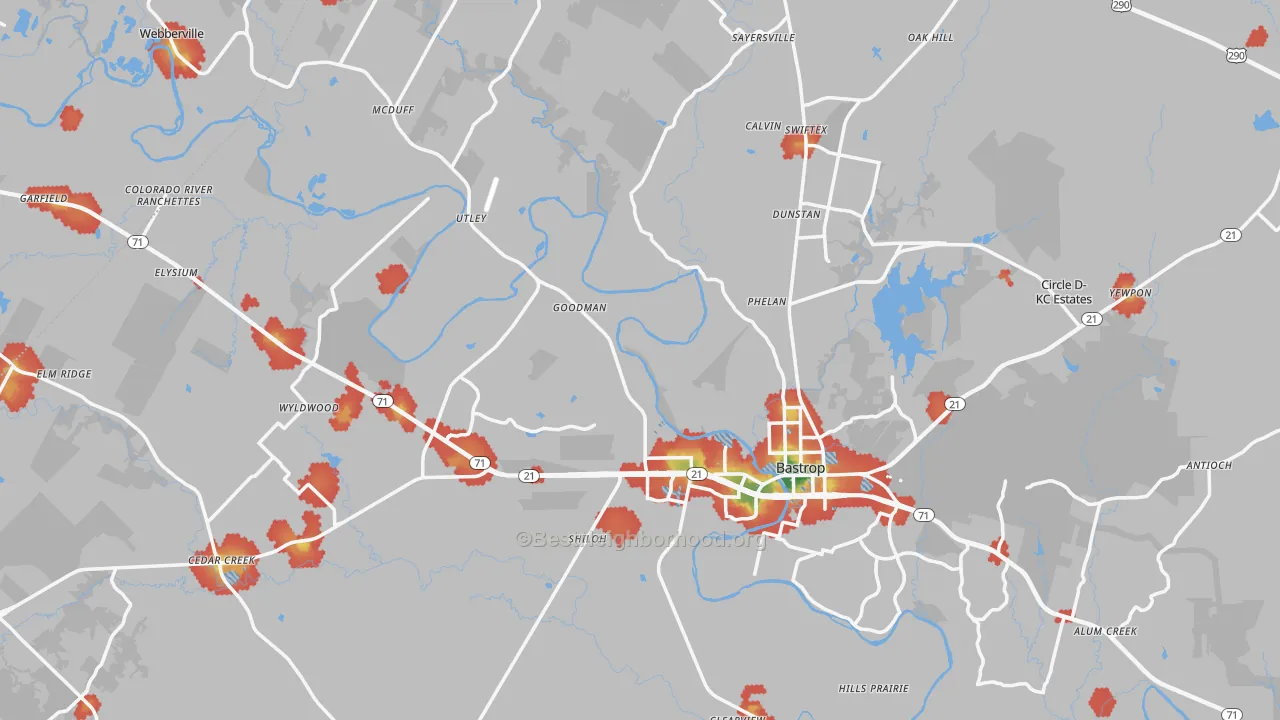 Walk Grade map of Bastrop County, TX, walkable areas in green and car-dependent areas in red