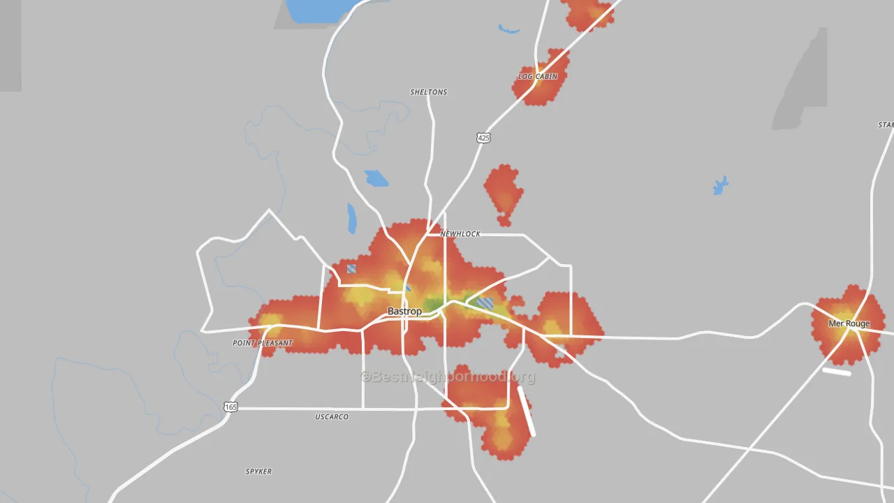 Walk Grade map of Bastrop, LA, walkable areas in green and car-dependent areas in red