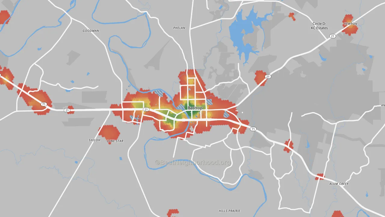 Walk Grade map of Bastrop, TX, walkable areas in green and car-dependent areas in red