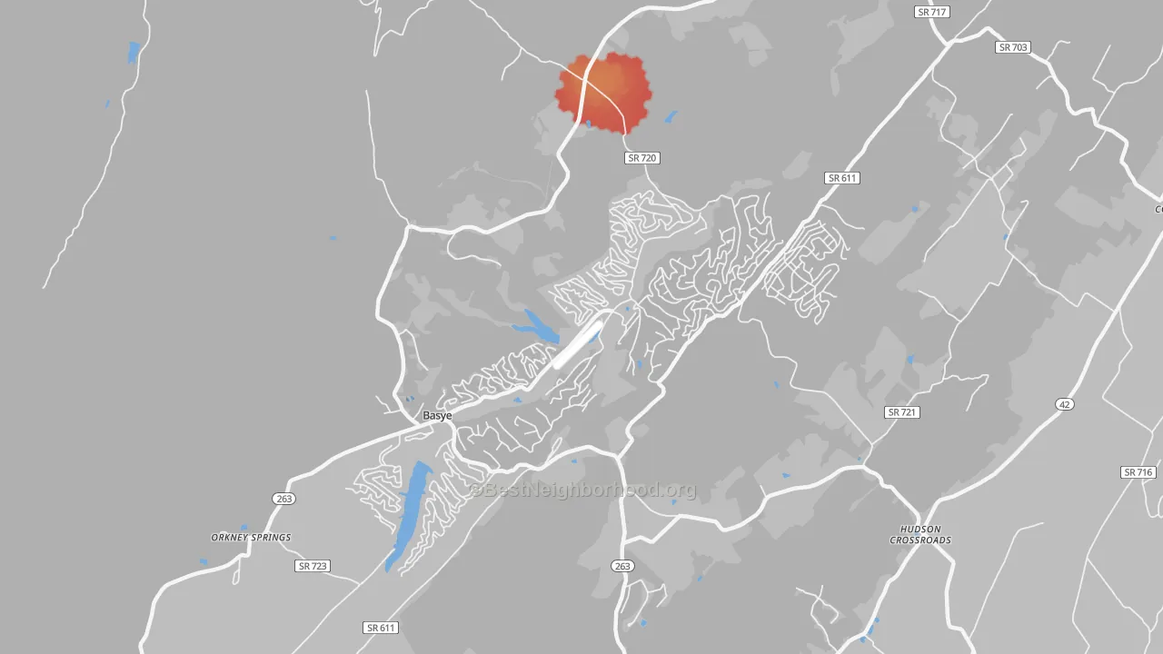Walk Grade map of Basye, VA, walkable areas in green and car-dependent areas in red