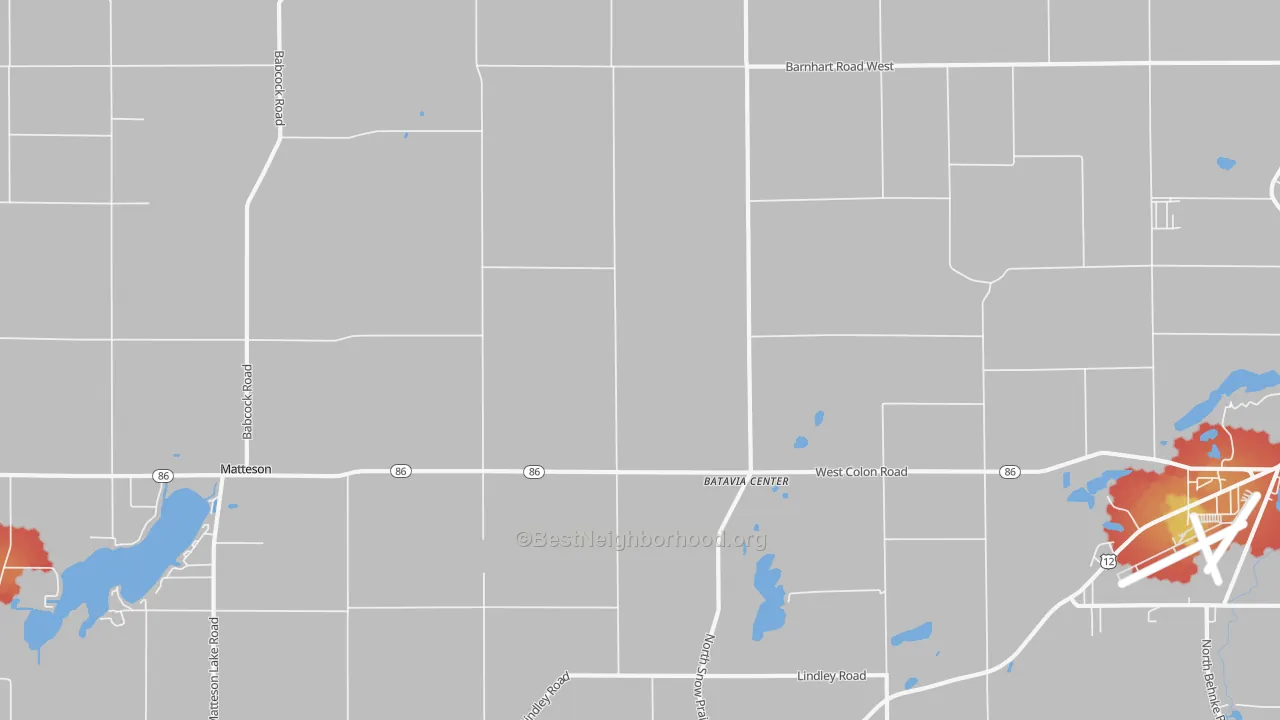 Walk Grade map of Batavia Center, MI, walkable areas in green and car-dependent areas in red