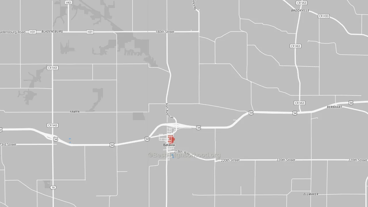 Walk Grade map of Batavia, IA, walkable areas in green and car-dependent areas in red