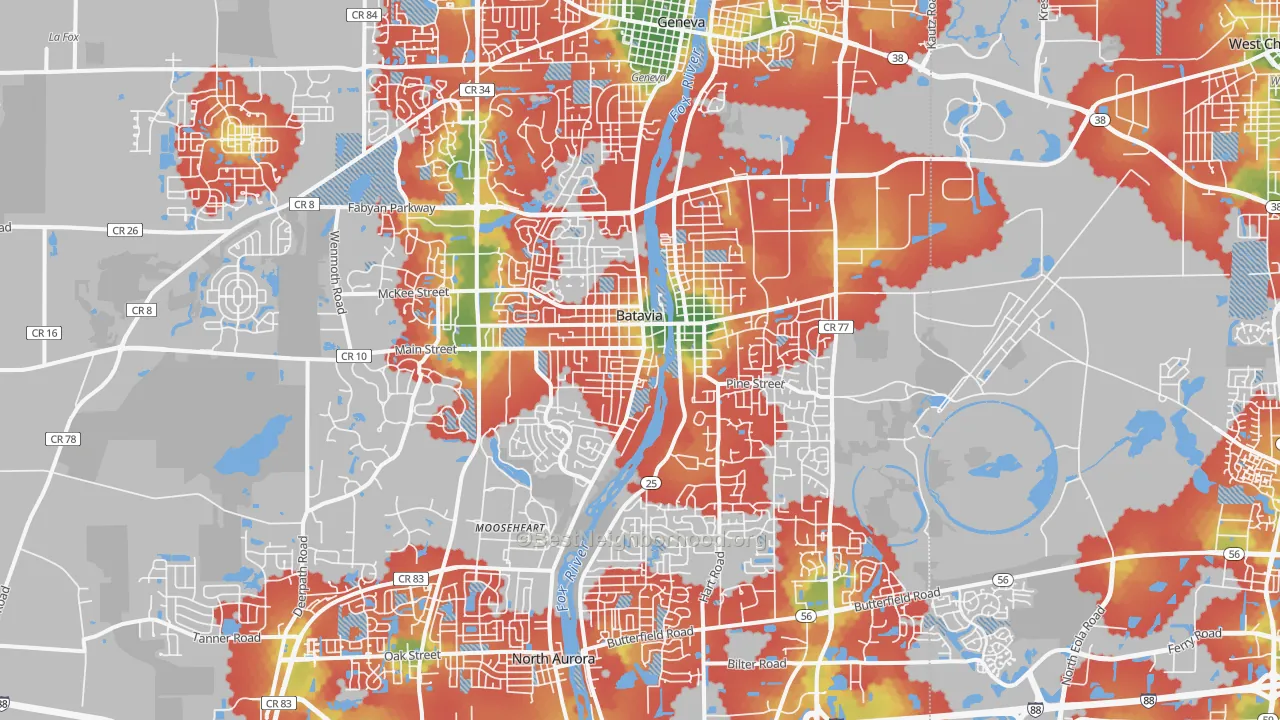 Walk Grade map of Batavia, IL, walkable areas in green and car-dependent areas in red