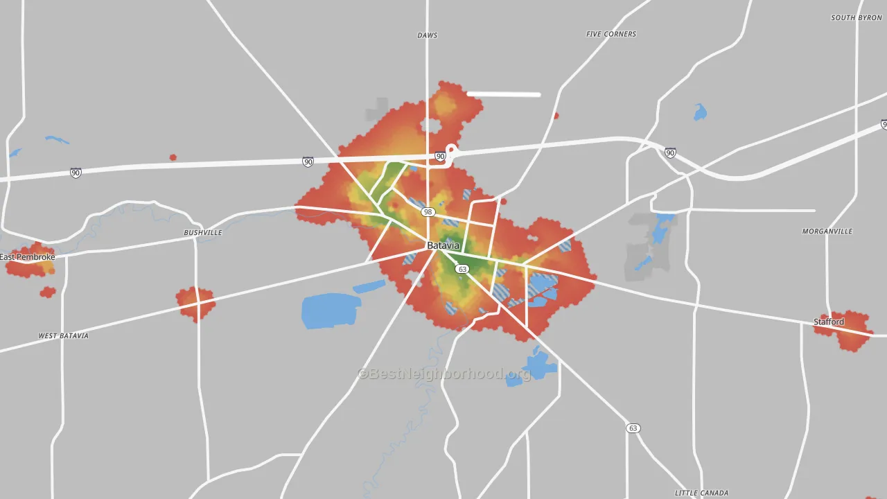 Walk Grade map of Batavia, NY, walkable areas in green and car-dependent areas in red