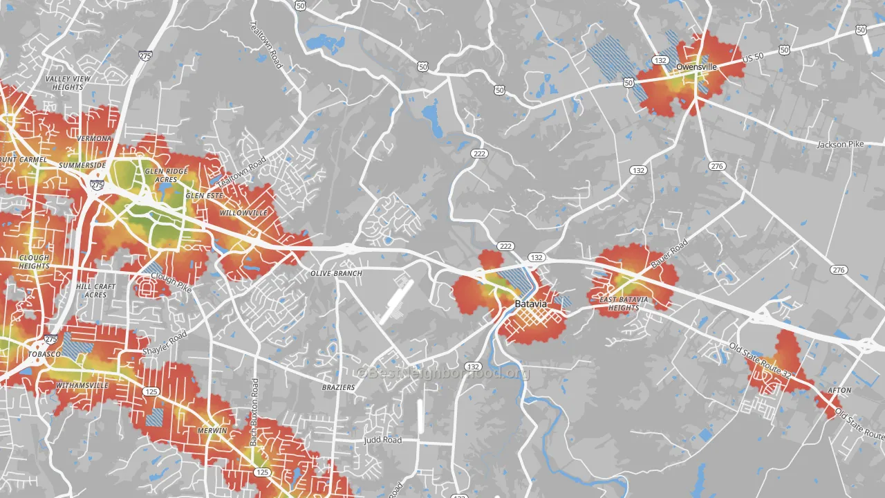 Walk Grade map of Batavia, OH, walkable areas in green and car-dependent areas in red