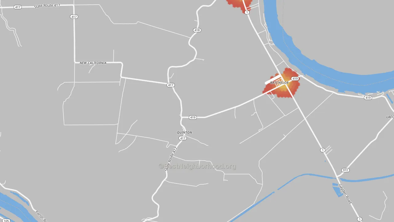 Walk Grade map of Batchelor, LA, walkable areas in green and car-dependent areas in red