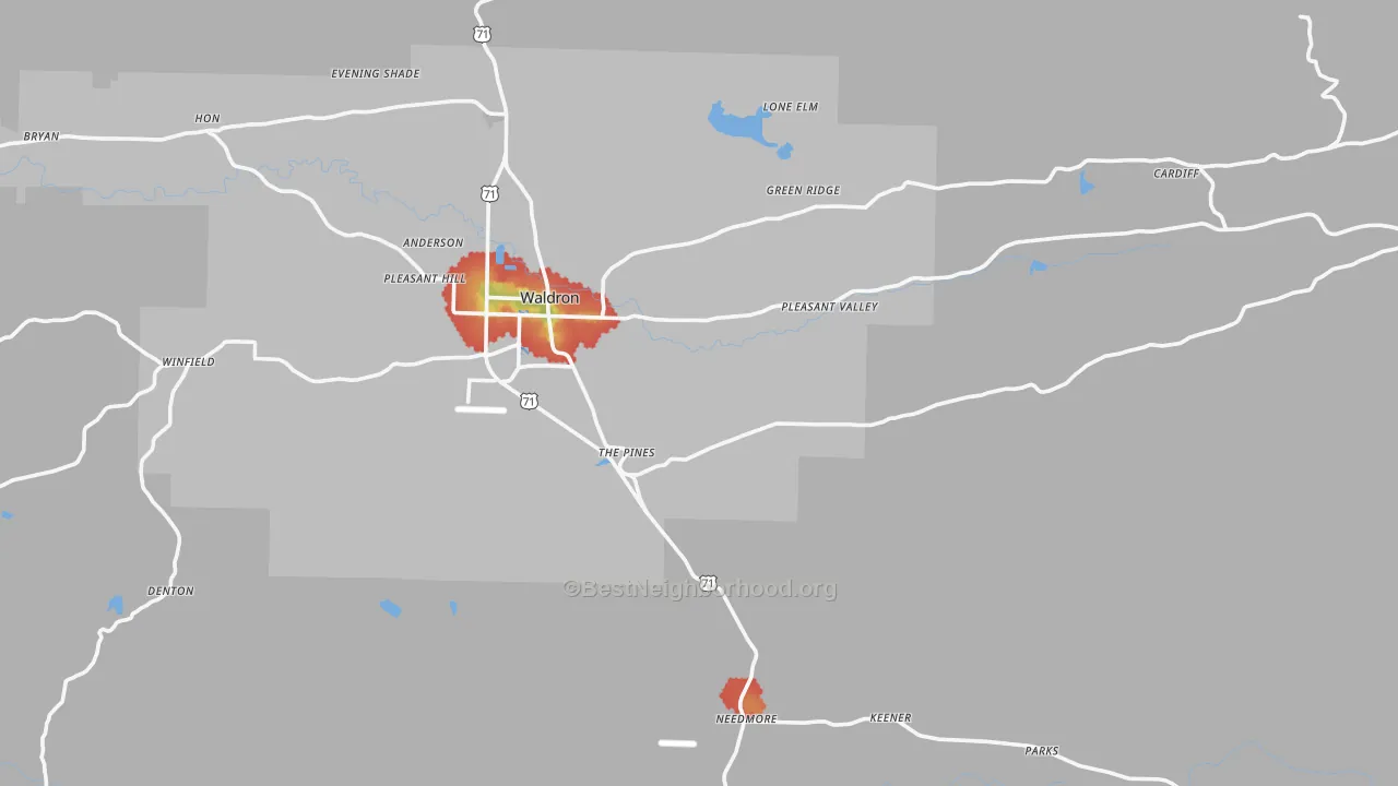Walk Grade map of Bates, AR, walkable areas in green and car-dependent areas in red