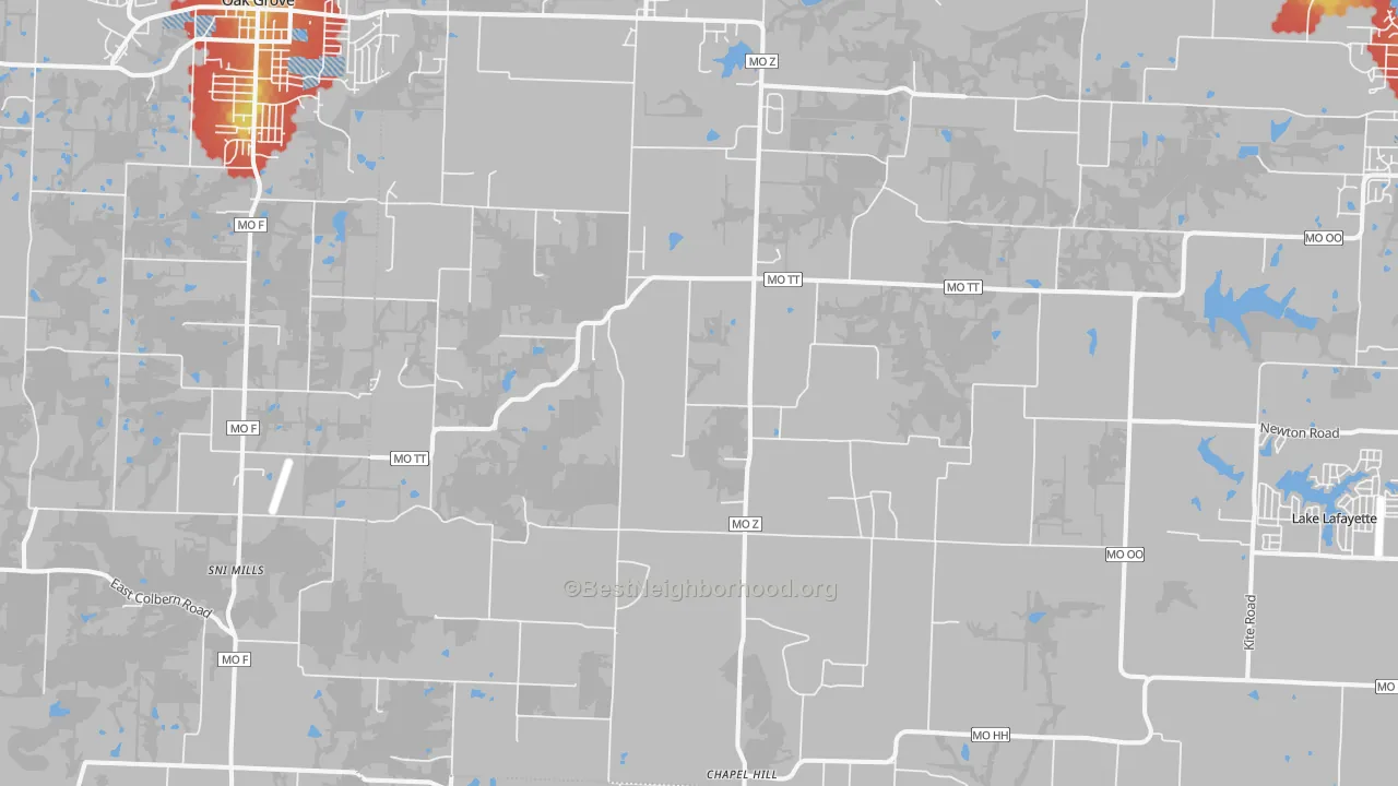 Walk Grade map of Bates City, MO, walkable areas in green and car-dependent areas in red