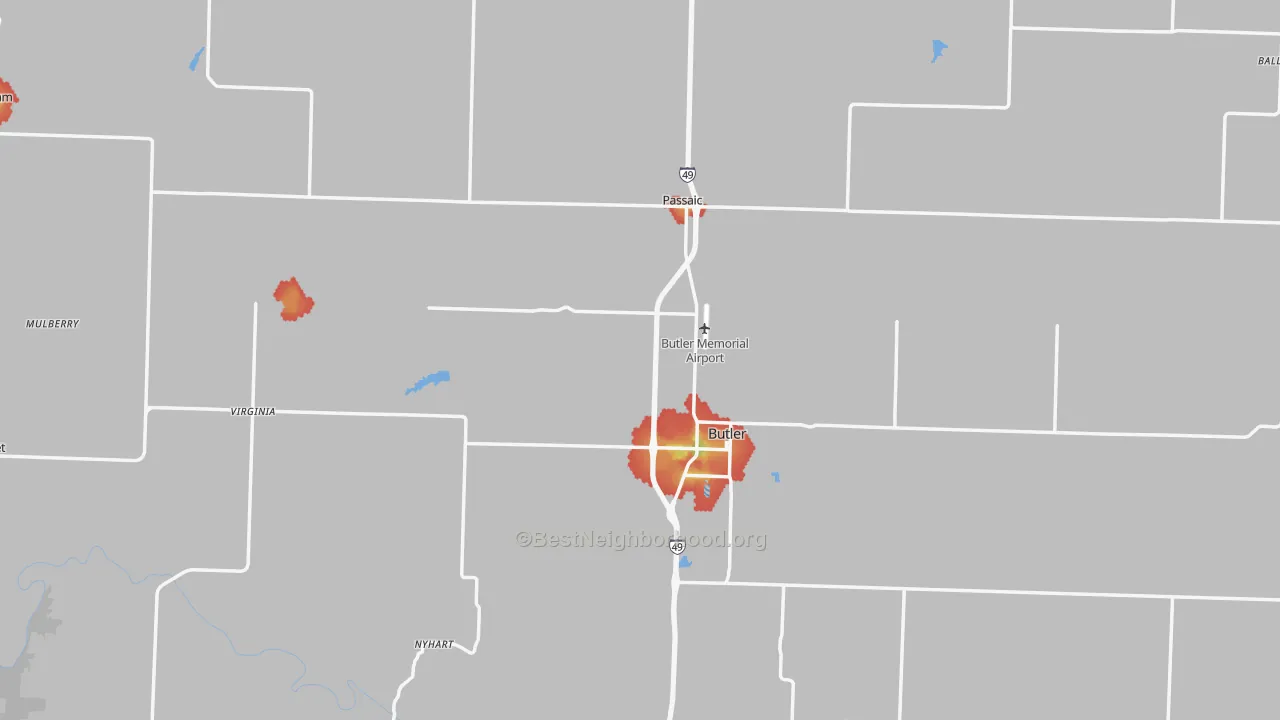 Walk Grade map of Bates County, MO, walkable areas in green and car-dependent areas in red