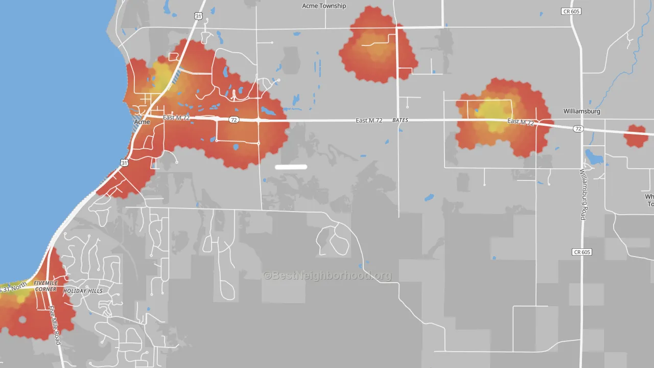 Walk Grade map of Bates, MI, walkable areas in green and car-dependent areas in red