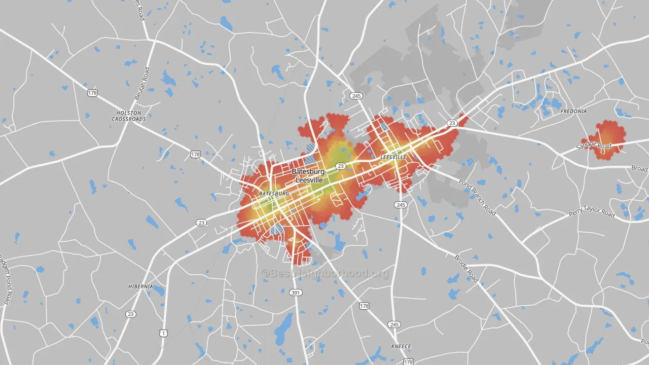 Walk Grade map of Batesburg-Leesville, SC, walkable areas in green and car-dependent areas in red