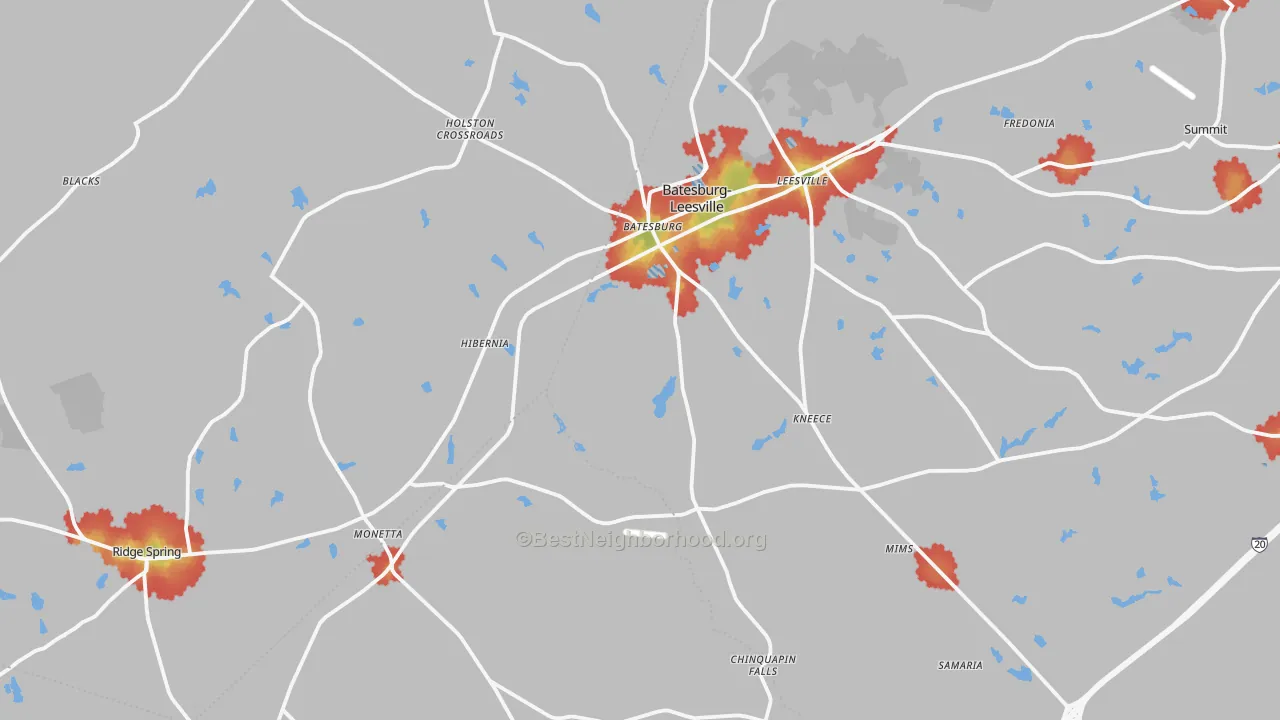 Walk Grade map of Batesburg, SC, walkable areas in green and car-dependent areas in red