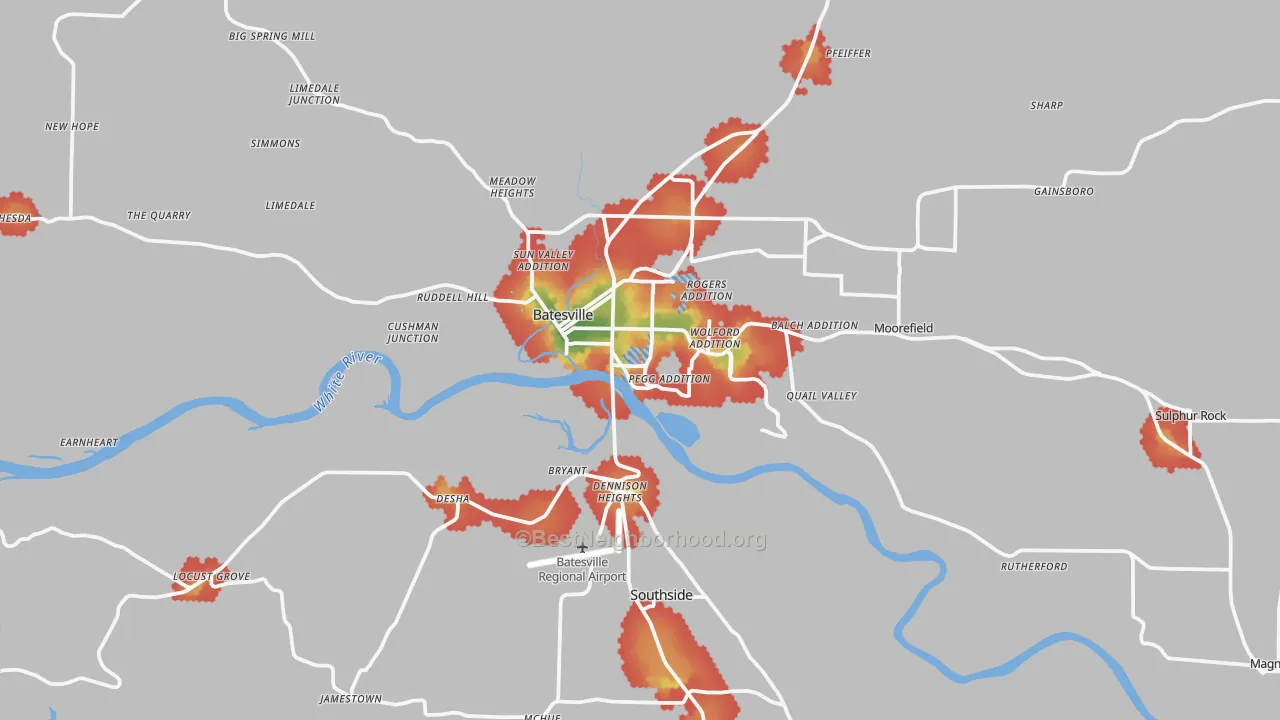 Walk Grade map of Batesville, AR, walkable areas in green and car-dependent areas in red