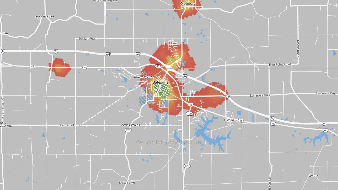 Walk Grade map of Batesville, IN, walkable areas in green and car-dependent areas in red
