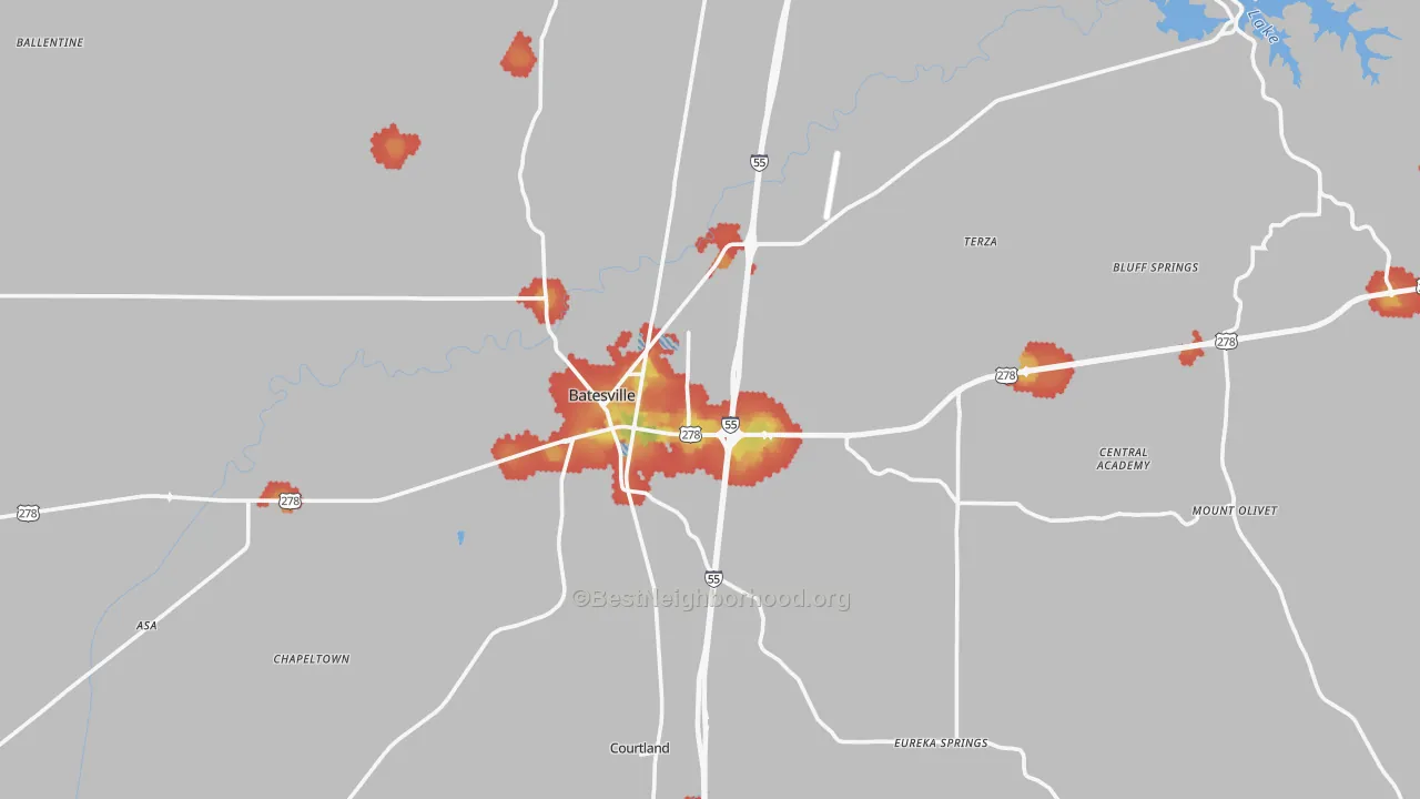 Walk Grade map of Batesville, MS, walkable areas in green and car-dependent areas in red