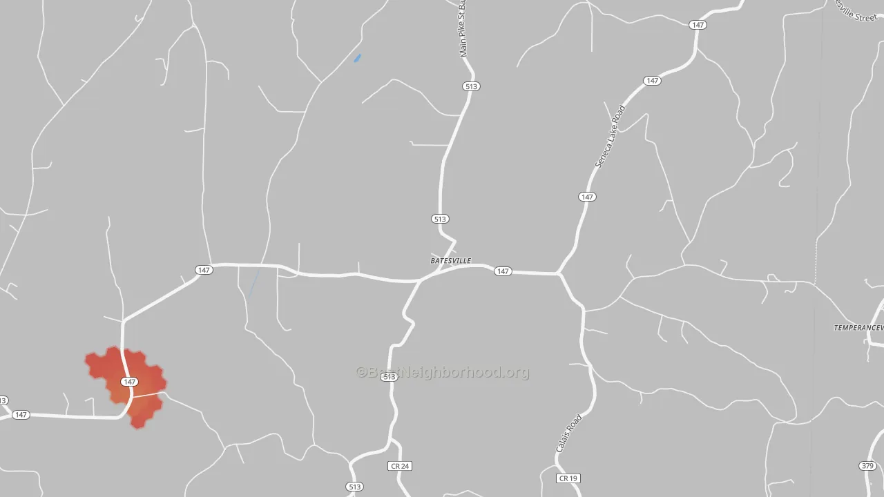 Walk Grade map of Batesville, OH, walkable areas in green and car-dependent areas in red