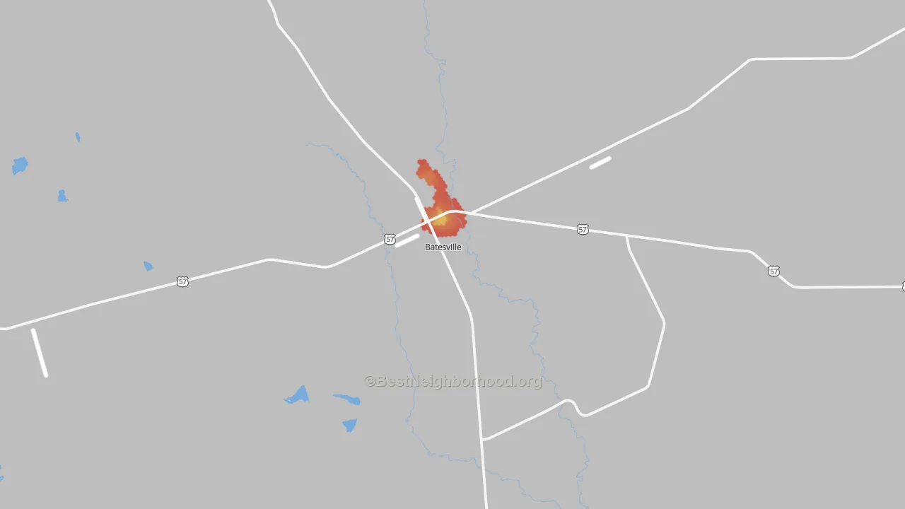 Walk Grade map of Batesville, TX, walkable areas in green and car-dependent areas in red