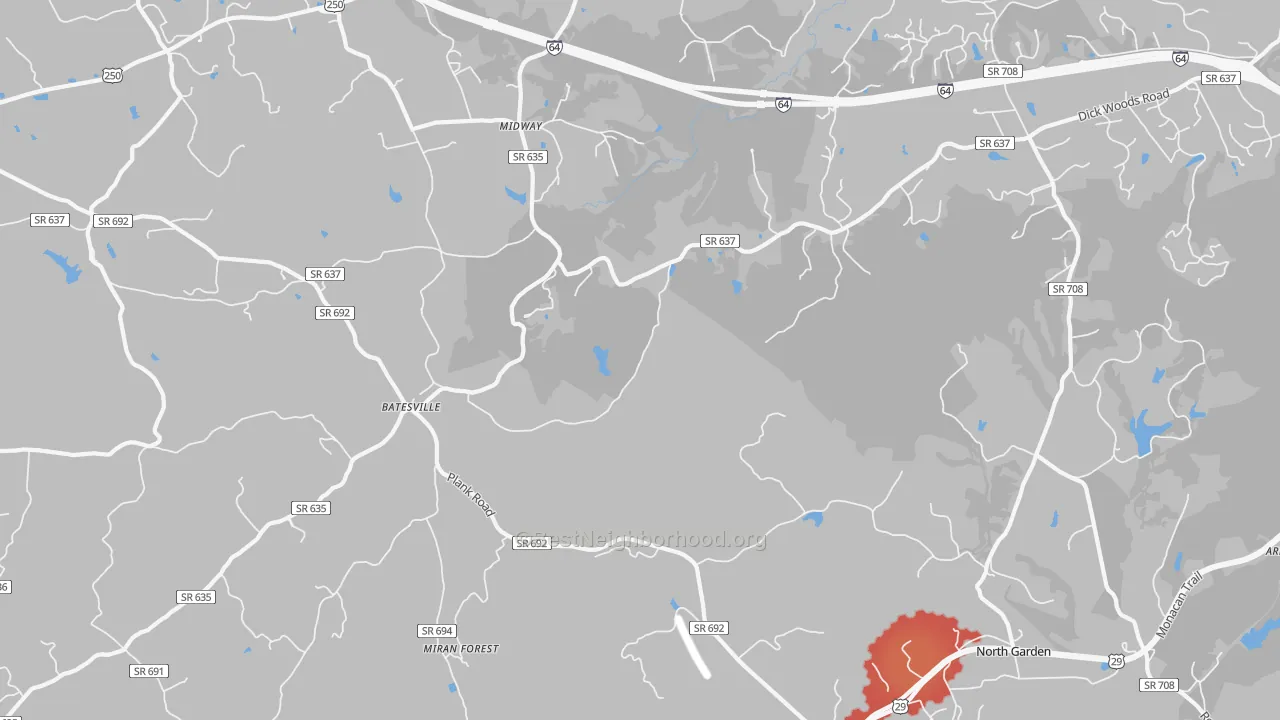 Walk Grade map of Batesville, VA, walkable areas in green and car-dependent areas in red