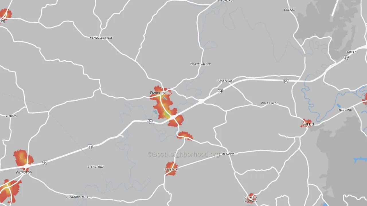 Walk Grade map of Bath County, KY, walkable areas in green and car-dependent areas in red