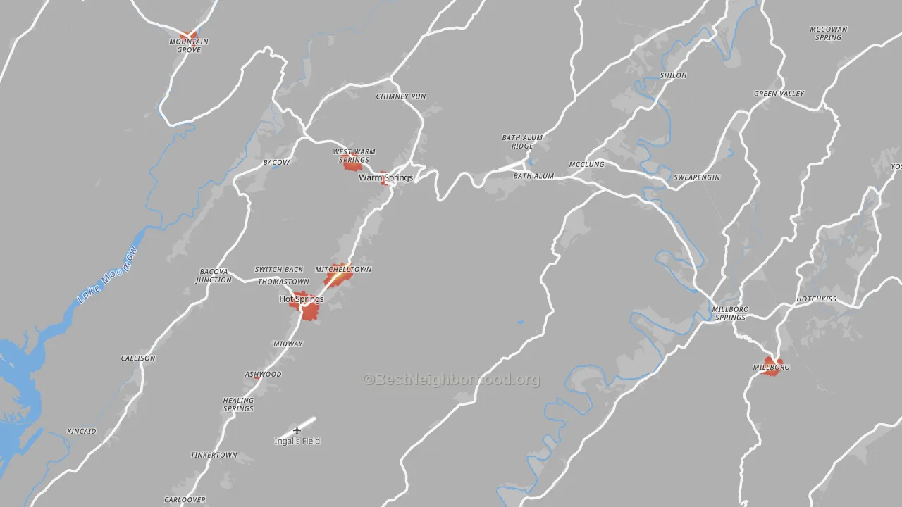 Walk Grade map of Bath County, VA, walkable areas in green and car-dependent areas in red