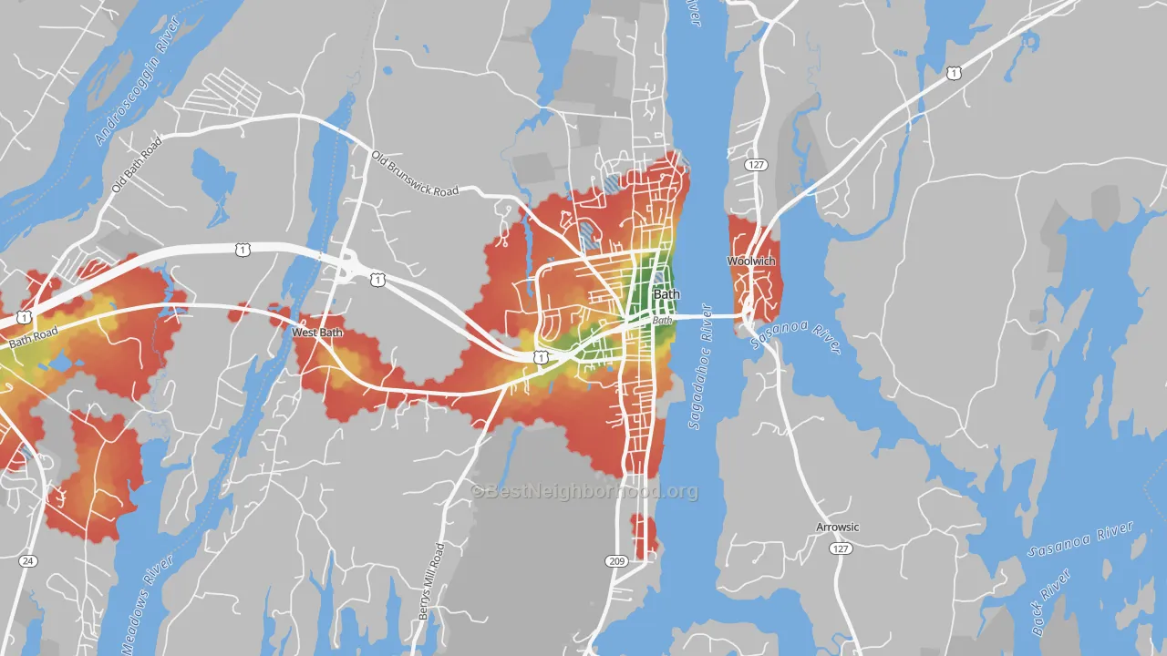 Walk Grade map of Bath, ME, walkable areas in green and car-dependent areas in red