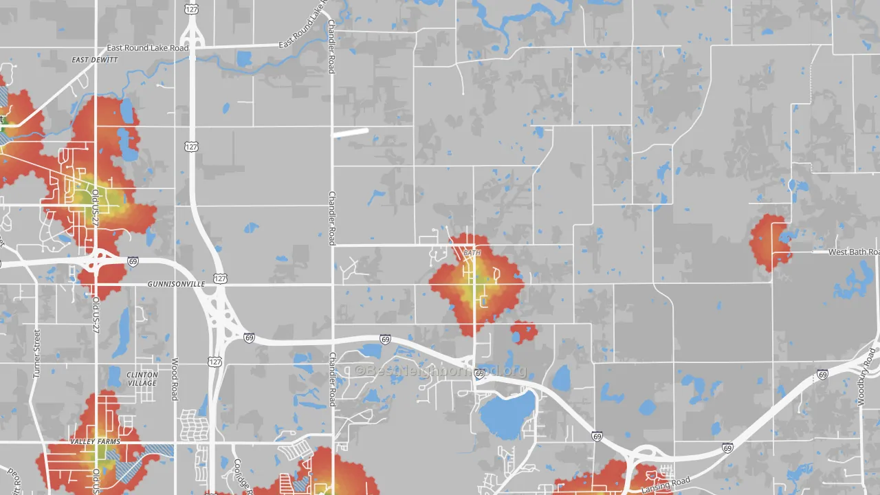Walk Grade map of Bath, MI, walkable areas in green and car-dependent areas in red